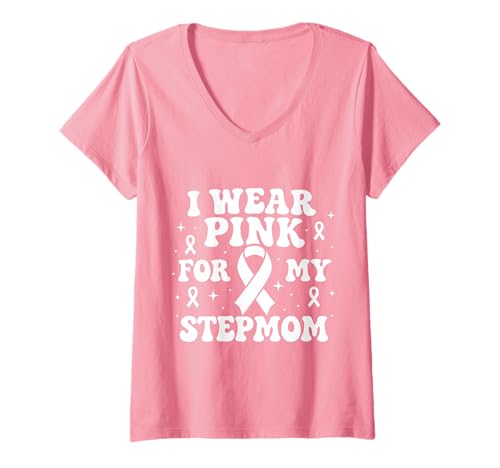 Damen Ich trage Rosa, um Meine Stiefmutter auf Krebs aufmerksam zu Machen T-Shirt mit V-Ausschnitt Damen Ich trage Rosa, um Meine Stiefmutter auf Krebs aufmerksam zu Machen T-Shirt mit V-Ausschnitt von Cancer Awareness Stepmom Support Tees Inc