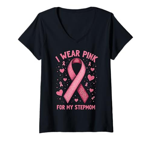 Damen Ich trage Rosa, um Meine Stiefmutter auf Krebs aufmerksam zu Machen T-Shirt mit V-Ausschnitt Damen Ich trage Rosa, um Meine Stiefmutter auf Krebs aufmerksam zu Machen T-Shirt mit V-Ausschnitt von Cancer Awareness Stepmom Support Tees & Gifts