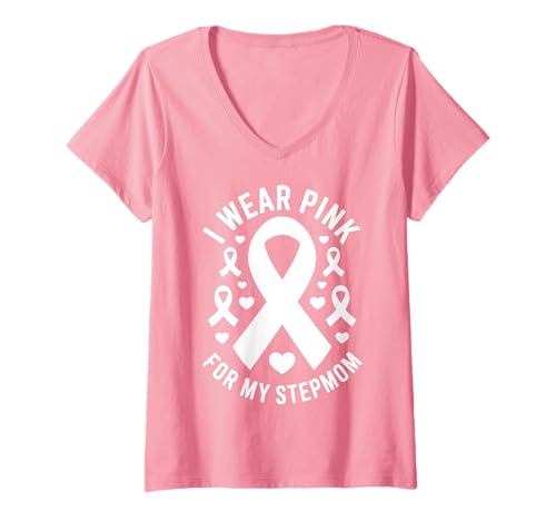 Damen Ich trage Rosa, um Meine Stiefmutter auf Krebs aufmerksam zu Machen T-Shirt mit V-Ausschnitt Damen Ich trage Rosa, um Meine Stiefmutter auf Krebs aufmerksam zu Machen T-Shirt mit V-Ausschnitt von Cancer Awareness Stepmom Support Tees