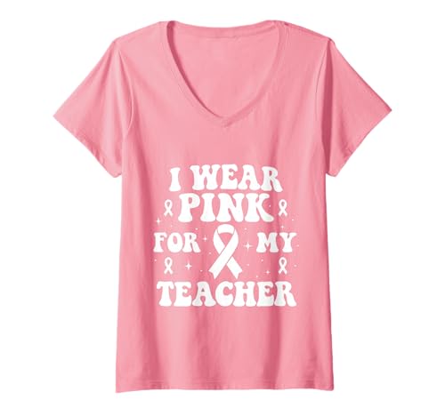 Damen Ich trage Rosa, um Meinen Lehrer auf Krebs aufmerksam zu Machen T-Shirt mit V-Ausschnitt Damen Ich trage Rosa, um Meinen Lehrer auf Krebs aufmerksam zu Machen T-Shirt mit V-Ausschnitt von Cancer Awareness Teacher Support Apparel & Gifts