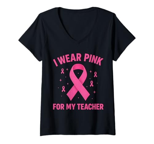 Damen Ich trage Rosa, um Meinen Lehrer auf Krebs aufmerksam zu Machen T-Shirt mit V-Ausschnitt von Cancer Awareness Teacher Support Gifts