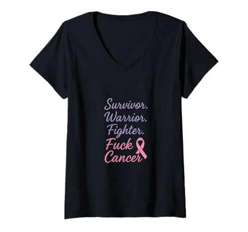 Damen FCK Krebs Ribbon Pink Awareness Survivor Fighter Warrior T-Shirt mit V-Ausschnitt Damen FCK Krebs Ribbon Pink Awareness Survivor Fighter Warrior T-Shirt mit V-Ausschnitt von Cancer Gift for Warrior
