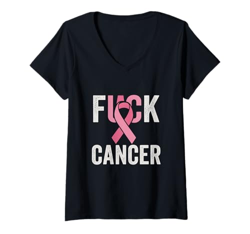 Damen FCK Krebs Pink Ribbon Survivor Warrior Awareness Fighter T-Shirt mit V-Ausschnitt Damen FCK Krebs Pink Ribbon Survivor Warrior Awareness Fighter T-Shirt mit V-Ausschnitt von Cancer Survivor Gifts
