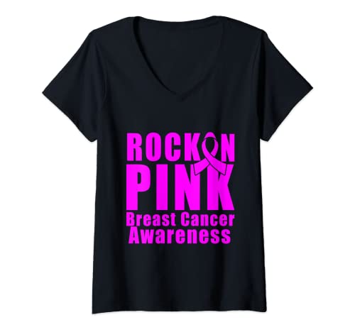Damen Brustkrebs-Bewusstseins-T-Shirt, Rock in Pink T-Shirt mit V-Ausschnitt Damen Brustkrebs-Bewusstseins-T-Shirt, Rock in Pink T-Shirt mit V-Ausschnitt von Cancer Themed Tees