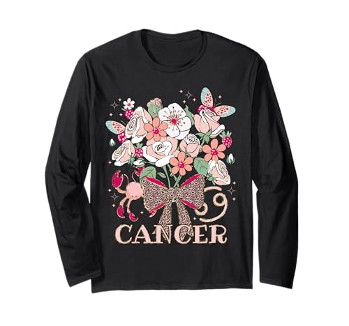 Krebs Sternzeichen Frauen Erdbeere Kokette Schleife Floral Crab Langarmshirt von Cancer Zodiac Coquette Birthday Girl Tees