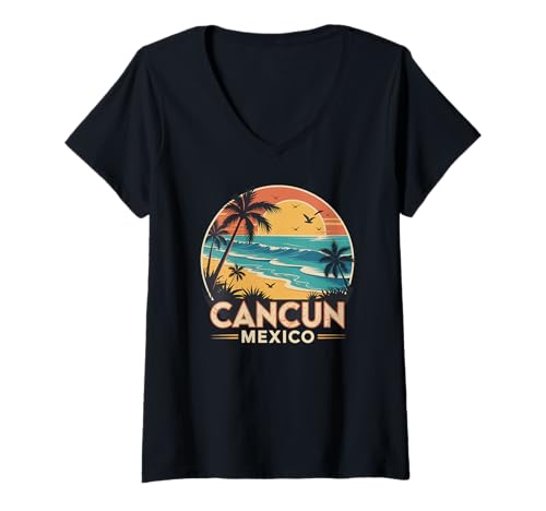 Damen Cancun Mexico Vintage Beach Souvenir Retro Sunset T-Shirt mit V-Ausschnitt Damen Cancun Mexico Vintage Beach Souvenir Retro Sunset T-Shirt mit V-Ausschnitt von Cancun Mexico Retro Beach Ocean Palm Sunset