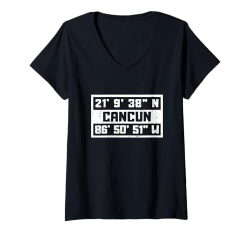 Damen Cancun Koordinaten Design Urlaub Reise Mexiko T-Shirt mit V-Ausschnitt von Cancun Mexiko Urlaub Bekleidung & Geschenkidee