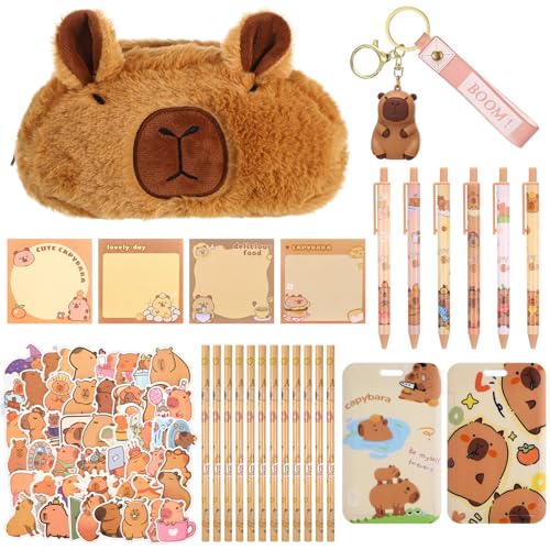 Capybara Schreibwaren-Set – Kawaii Capybara Federmäppchen, Schlüsselanhänger, HB-Bleistifte, schwarze Tinte, Haftnotizen, Aufkleber, Kartenhalter, niedliches Schreibwaren-Set für Studenten, Kinder von Candcamp