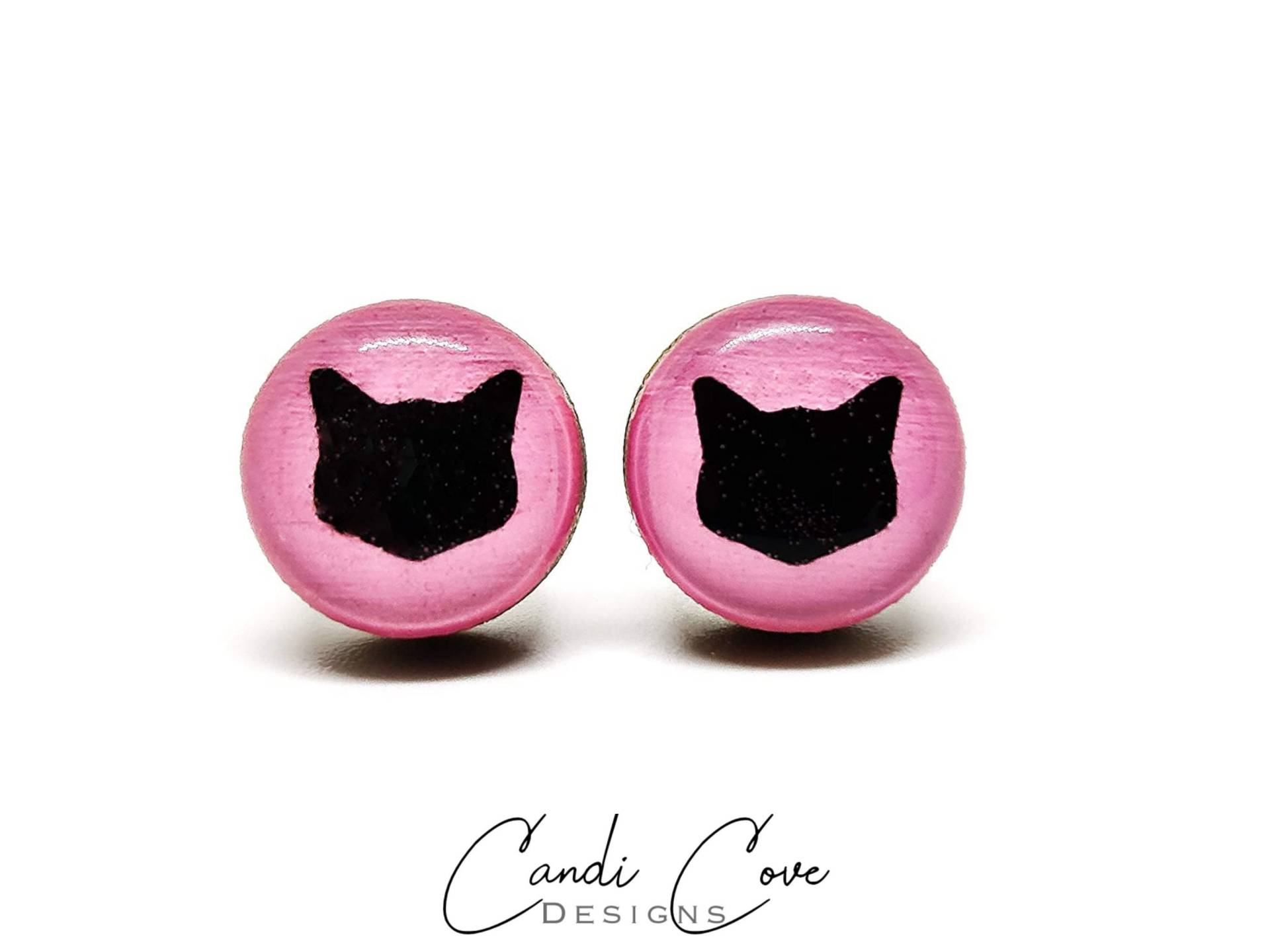 Schwarze Katze Rosa Ohrstecker | 10 Mm Holz & Harz Ohrringe Kitty Dot Katzen Für Mädchen Edelstahl Empfindliche Ohren von CandiCoveDesigns