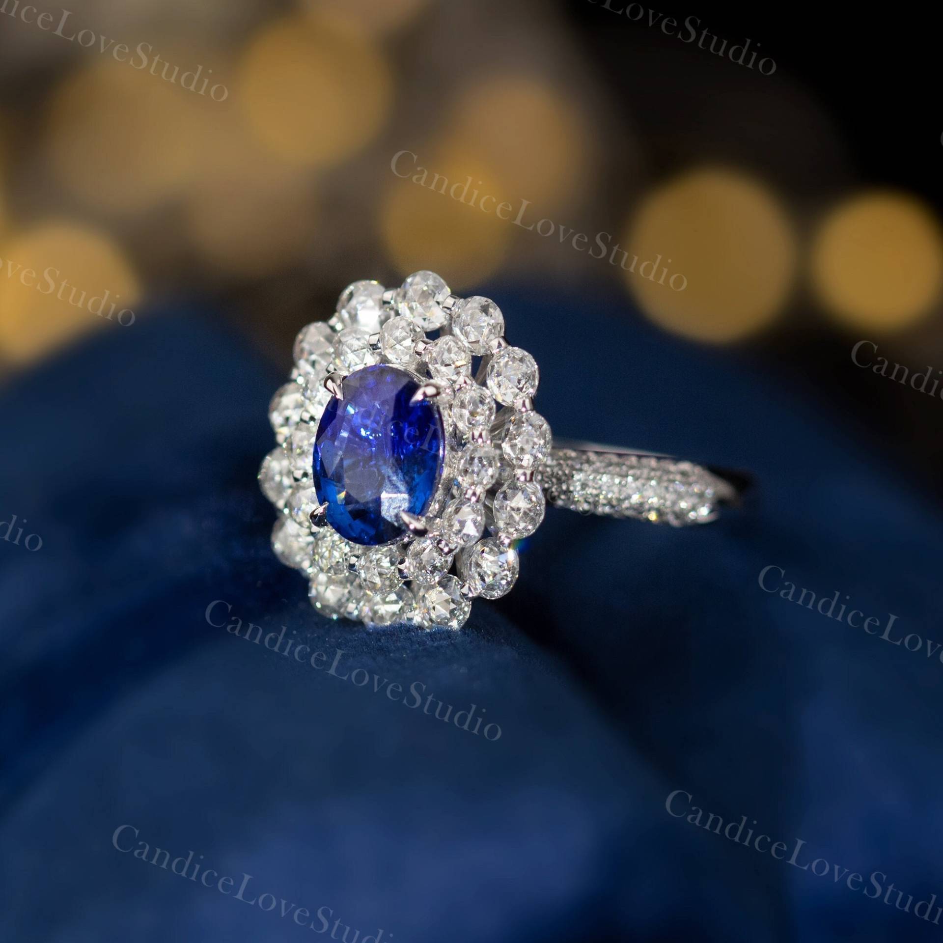 14K Massiver Weißgold Natürlicher Saphir Verlobungsring/Doppelter Halo Diamant Ring Für Frauen/Vintage Ehering Jahrestag Geschenk Blauer Stein von CandiceLoveStudio