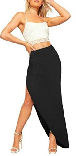 Damen Seitliche Rüschen Split Rock Asymmetrisch Lang Maxi Gypsy Boho Rock Übergröße 36-50 - Schwarz - Damen Seitenschlitz Langer Rock, 36-38 von Candid Styles