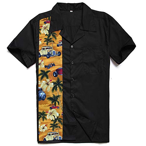 Candow Look Design Shirts Short Sleeve Mens Black Contrast Flame Car Floral Tops - Yellow von Candow Look