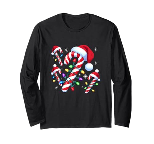 Weihnachtliche Zuckerstange Weihnachtsmannmütze Weihnachtslichter Männer Frauen Kinder Langarmshirt von Candy Cane Santa Christmas Family Pajamas