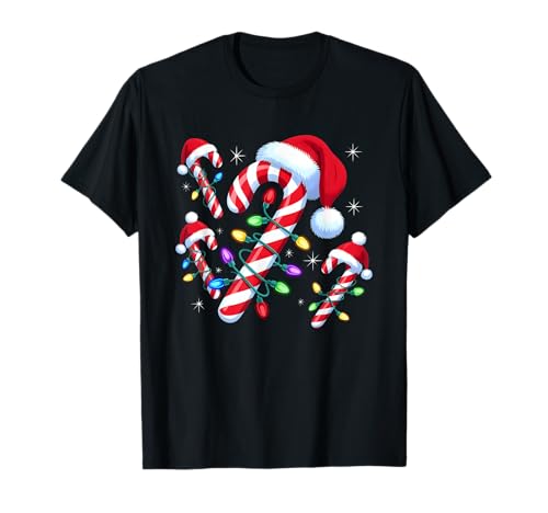 Weihnachtliche Zuckerstange Weihnachtsmannmütze Weihnachtslichter Männer Frauen Kinder T-Shirt von Candy Cane Santa Christmas Family Pajamas