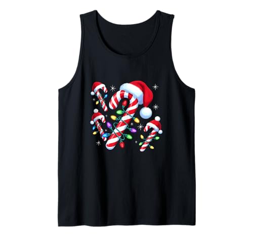Weihnachtliche Zuckerstange Weihnachtsmannmütze Weihnachtslichter Männer Frauen Kinder Tank Top von Candy Cane Santa Christmas Family Pajamas