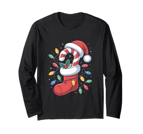 Weihnachtsstrumpf Zuckerstange Weihnachtsmann Lichter Damen Herren Kinder Langarmshirt von Candy Cane Xmas Santa Hat Christmas Lights