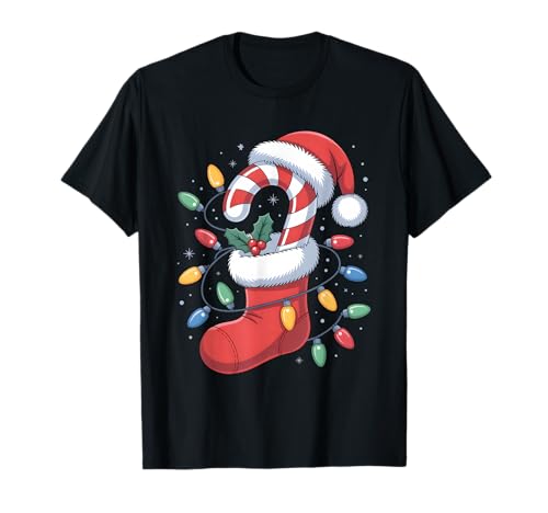 Weihnachtsstrumpf Zuckerstange Weihnachtsmann Lichter Damen Herren Kinder T-Shirt von Candy Cane Xmas Santa Hat Christmas Lights