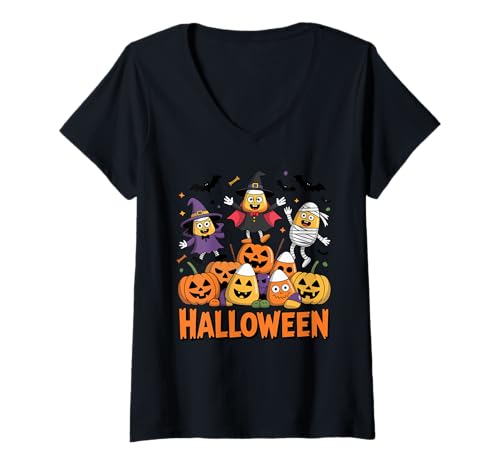 Damen Candy Corn Shirt Lustiges Halloween Kostüm Kürbis Spaß T-Shirt mit V-Ausschnitt Damen Candy Corn Shirt Lustiges Halloween Kostüm Kürbis Spaß T-Shirt mit V-Ausschnitt von Candy Corn Tee Shirts for Halloween Kids Adults