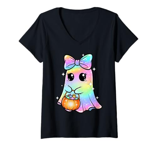 Damen Candy Ghost Shirt mit Regenbogenbogen als Leckerbissen, lustig oder lustig T-Shirt mit V-Ausschnitt Damen Candy Ghost Shirt mit Regenbogenbogen als Leckerbissen, lustig oder lustig T-Shirt mit V-Ausschnitt von Candy Ghost Tee Shirts for Funny Halloween Girls