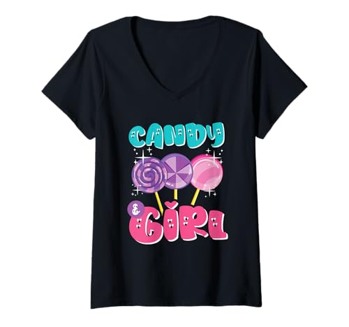 Damen Süßes Candy Girl Shirt Regenbogen Zuckerwatte T-Shirt mit V-Ausschnitt Damen Süßes Candy Girl Shirt Regenbogen Zuckerwatte T-Shirt mit V-Ausschnitt von Candy Girl Süßigkeiten Kinder Geschenk