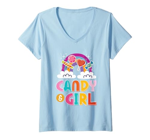 Damen Süßes Candy Girl Shirt Regenbogen Zuckerwatte T-Shirt mit V-Ausschnitt Damen Süßes Candy Girl Shirt Regenbogen Zuckerwatte T-Shirt mit V-Ausschnitt von Candy Girl Süßigkeiten Kinder Geschenk