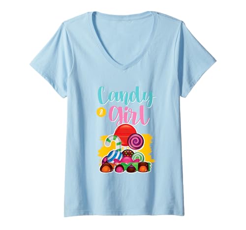 Damen Süßes Candy Girl Shirt Regenbogen Zuckerwatte T-Shirt mit V-Ausschnitt Damen Süßes Candy Girl Shirt Regenbogen Zuckerwatte T-Shirt mit V-Ausschnitt von Candy Girl Süßigkeiten Kinder Geschenk