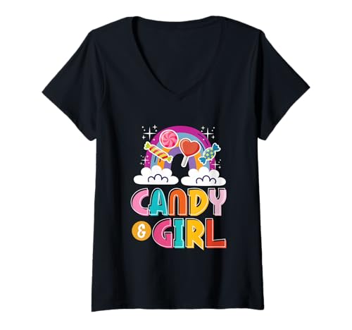 Damen Süßes Candy Girl Shirt Regenbogen Zuckerwatte T-Shirt mit V-Ausschnitt Damen Süßes Candy Girl Shirt Regenbogen Zuckerwatte T-Shirt mit V-Ausschnitt von Candy Girl Süßigkeiten Kinder Geschenk