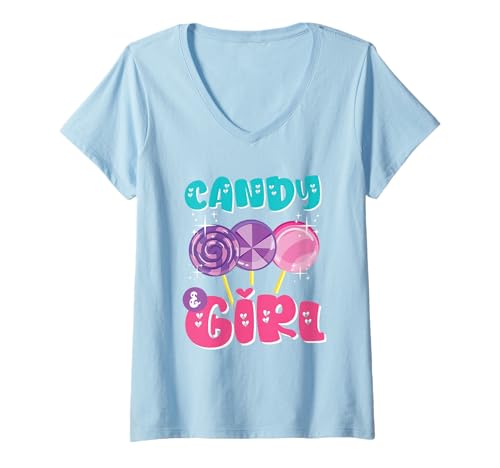 Damen Süßes Candy Girl Shirt Regenbogen Zuckerwatte T-Shirt mit V-Ausschnitt Damen Süßes Candy Girl Shirt Regenbogen Zuckerwatte T-Shirt mit V-Ausschnitt von Candy Girl Süßigkeiten Kinder Geschenk