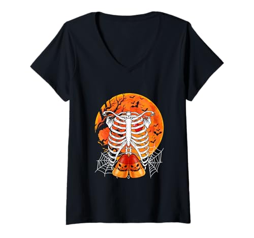 Damen Horror Candy Corns Inside Rib Cage X-ray Skeleton Halloween T-Shirt mit V-Ausschnitt von Candy Halloween Costume