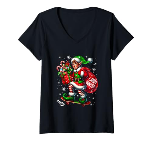 Damen Hunter Christmas Candy Naughty Elf Skateboarding Lover Kids T-Shirt mit V-Ausschnitt von Candy Halloween Costume