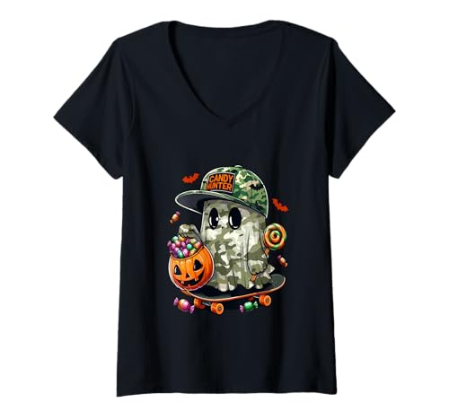 Damen Hunter Halloween Candy Funny Boo On Skateboard Lover Kids T-Shirt mit V-Ausschnitt von Candy Halloween Costume