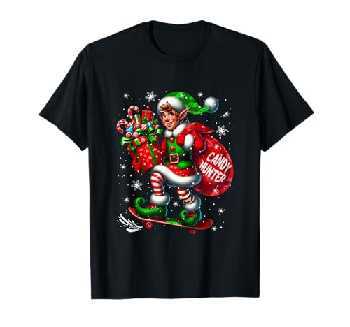 Hunter Christmas Candy Naughty Elf Skateboarding Lover Kids T-Shirt von Candy Halloween Costume
