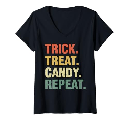 Damen Trick Treat Candy Repeat Lustige Halloween Prioritäten T-Shirt mit V-Ausschnitt Damen Trick Treat Candy Repeat Lustige Halloween Prioritäten T-Shirt mit V-Ausschnitt von Candy Repeat