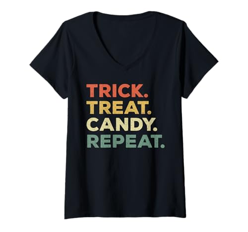 Damen Trick Treat Candy Repeat Lustige Halloween Prioritäten T-Shirt mit V-Ausschnitt Damen Trick Treat Candy Repeat Lustige Halloween Prioritäten T-Shirt mit V-Ausschnitt von Candy Repeat