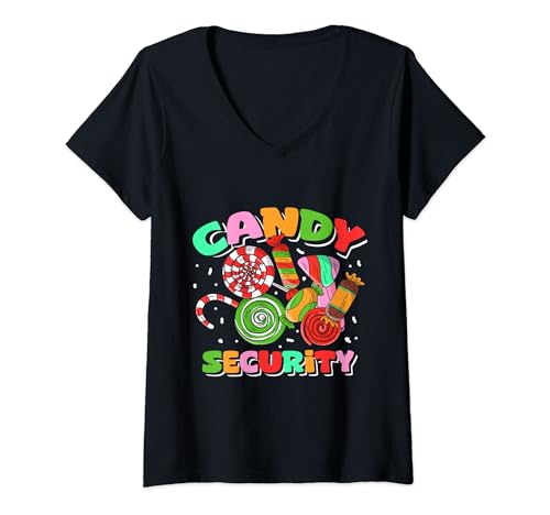 Damen Candy Security Kinder Eltern passendes Halloween-Kostüm Party T-Shirt mit V-Ausschnitt von Candy Theme Birthday Party Trick Or Treat Costume