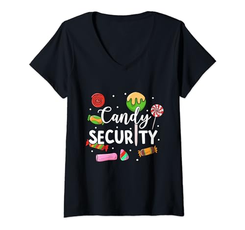 Damen Candy Security Kinder Eltern passendes Halloween-Kostüm Party T-Shirt mit V-Ausschnitt von Candy Theme Birthday Party Trick Or Treat Costume