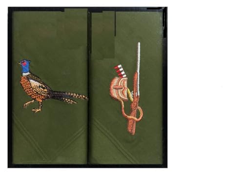 Farm Cottage Brands Zwei 40cm Quadrat Baumwolle Bestickt Grün Taschentücher mit Fasan auf eine und eine Schrotflinte und Patronen- Tasche auf die Andere von Candybay