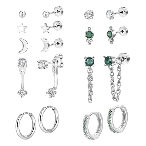 10 Paar Ohrringe Set für Mehrere Ohrlöcher 316L Chirurgenstahl Ohrstecker und Klein Creolen für Helix Piercings Lobe Conch Helix Tragus Piercing Knorpel Ohrringe Rund Herz Grün Zirkonia von Candyfancy