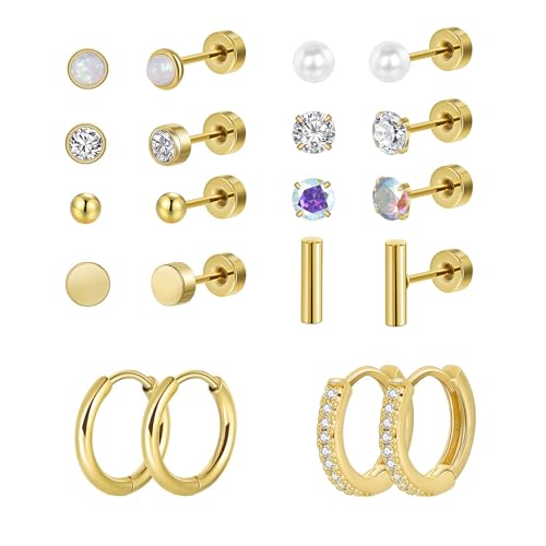 10 paar Ohrringe Set für Mehrere Ohrlöcher 316L Chirurgenstahl Ohrstecker und Klein Creolen für Helix Piercings Lobe Conch Helix Tragus Piercing Knorpel Ohrringe Gold Rund Kugel Zirkonia Perlen von Candyfancy