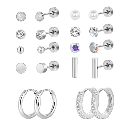 10 paar Ohrringe Set für Mehrere Ohrlöcher 316L Chirurgenstahl Ohrstecker und Klein Creolen für Helix Piercings Lobe Conch Helix Tragus Piercing Knorpel Ohrringe Rund Kugel Zirkonia Perlen von Candyfancy