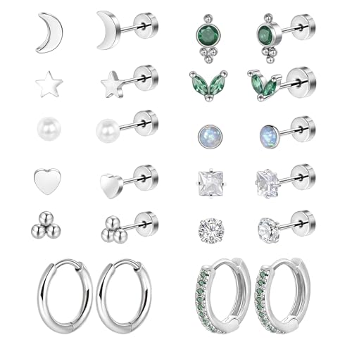 12 Paar Ohrringe Set für Mehrere Ohrlöcher 316L Chirurgenstahl Ohrstecker und Klein Creolen für Helix Piercings Lobe Conch Helix Tragus Piercing Knorpel Ohrringe Rund Herz Grün Zirkonia von Candyfancy