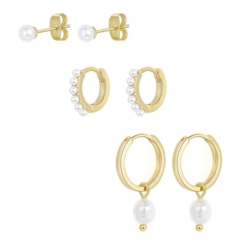 3 Paar Ohrringe Silber 925 Set Perlen Ohrringe für Damen Ohrstecker Creolen Set für Mehrere Piercings 12mm Creolen 4mm Perle von Candyfancy