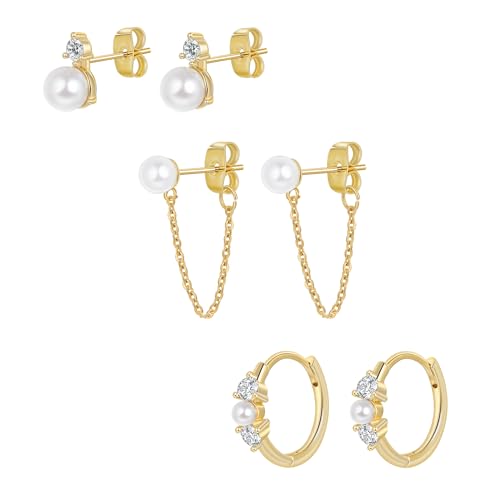 3 Paar Ohrringe Silber 925 Set Perlen Ohrringe für Damen Ohrstecker Creolen Set für Mehrere Piercings 12mm von Candyfancy