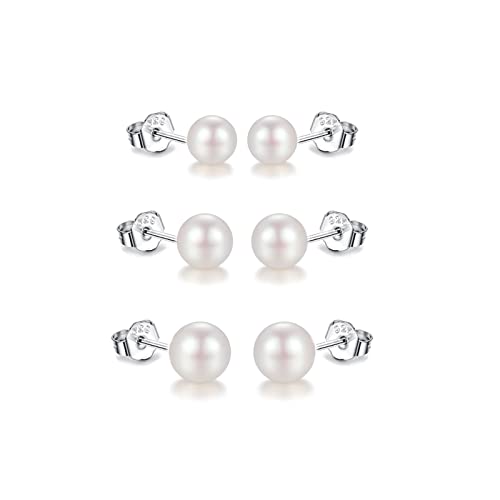 3er Perlenohrringe Silber 925 Weiße Perlenohrstecker Echte Perlen Süßwasserperlen Ohrringe Stecker Süßwasser-zuchtperlen Ohrringe 5mm 6mm 7mm 3 Paar Set von Candyfancy