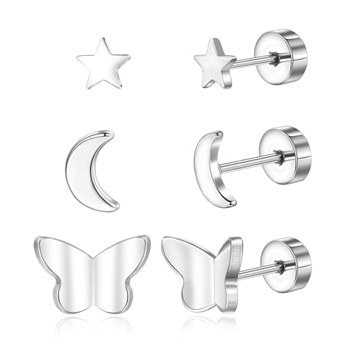 3er Ohrringe Set,Titan Ohrringe Hypoallergen Damen Herren Mädchen G23 Titan Ohrstecker mit Schraubverschluss Stern Mond Schmetterling Ohrstecker 2G von Candyfancy