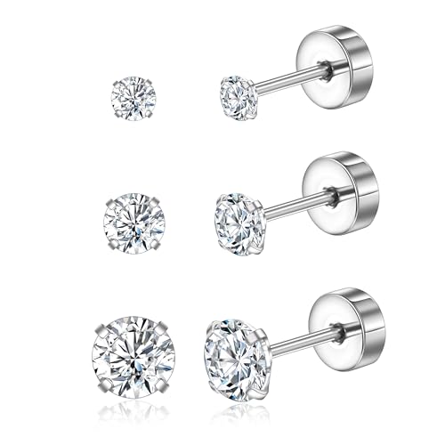 3er Ohrringe Set,Titan Ohrringe Hypoallergen Damen Herren Mädchen G23 Titan Ohrstecker mit Schraubverschluss Zirkonia Ohrstecker 3/4/5mm 6.5mm Länge 2G von Candyfancy