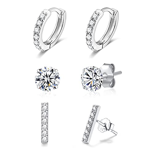 3er Ohrringe Set Für 3 Ohrlöcher Silber 925 Echtsilber - 3mm Zirkonia Ohrstecker - Zirkonia Stab Bar Stecker Ohrringe - 9mm Zirkonia Huggy Creolen Hoops - 3 Paar Pack Nickelfrei von Candyfancy