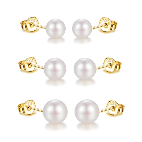3er Perlenohrringe Gold Silber 925 Vergoldet Weiße Perlenohrstecker Echte Perlen Süßwasserperlen Ohrringe Stecker Süßwasser-zuchtperlen Ohrringe 3 Paar Set 5mm 6mm 7mm von Candyfancy