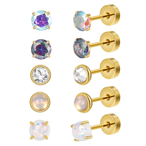 5 Paar Ohrringe Set für Mehrere Ohrlöcher 316L Chirurgenstahl Ohrstecker für Helix Piercings Lobe Conch Helix Tragus Piercing Knorpel Ohrringe Zirkonia Mondstein Opal Gold von Candyfancy