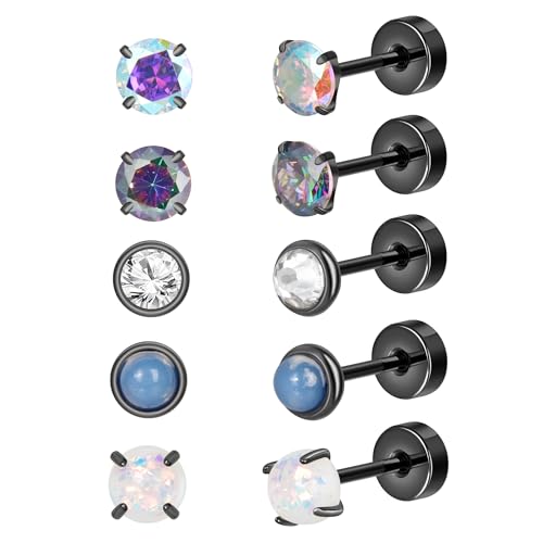 5 Paar Ohrringe Set für Mehrere Ohrlöcher 316L Chirurgenstahl Ohrstecker für Helix Piercings Lobe Conch Helix Tragus Piercing Knorpel Ohrringe Zirkonia Mondstein Opal Schwarz von Candyfancy